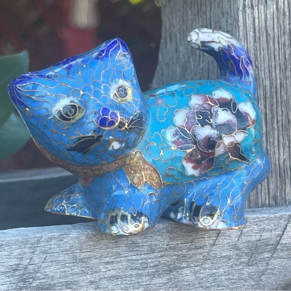 Vintage Cloisonné Blue Cat Figurine - Picture 2 of 6